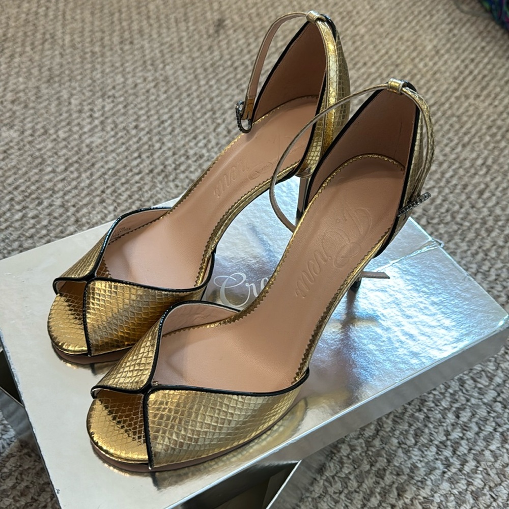 J.Crew Gold Rylie Peep-toe Heels BRAND NEW with box 7and1/2 Italian Leather